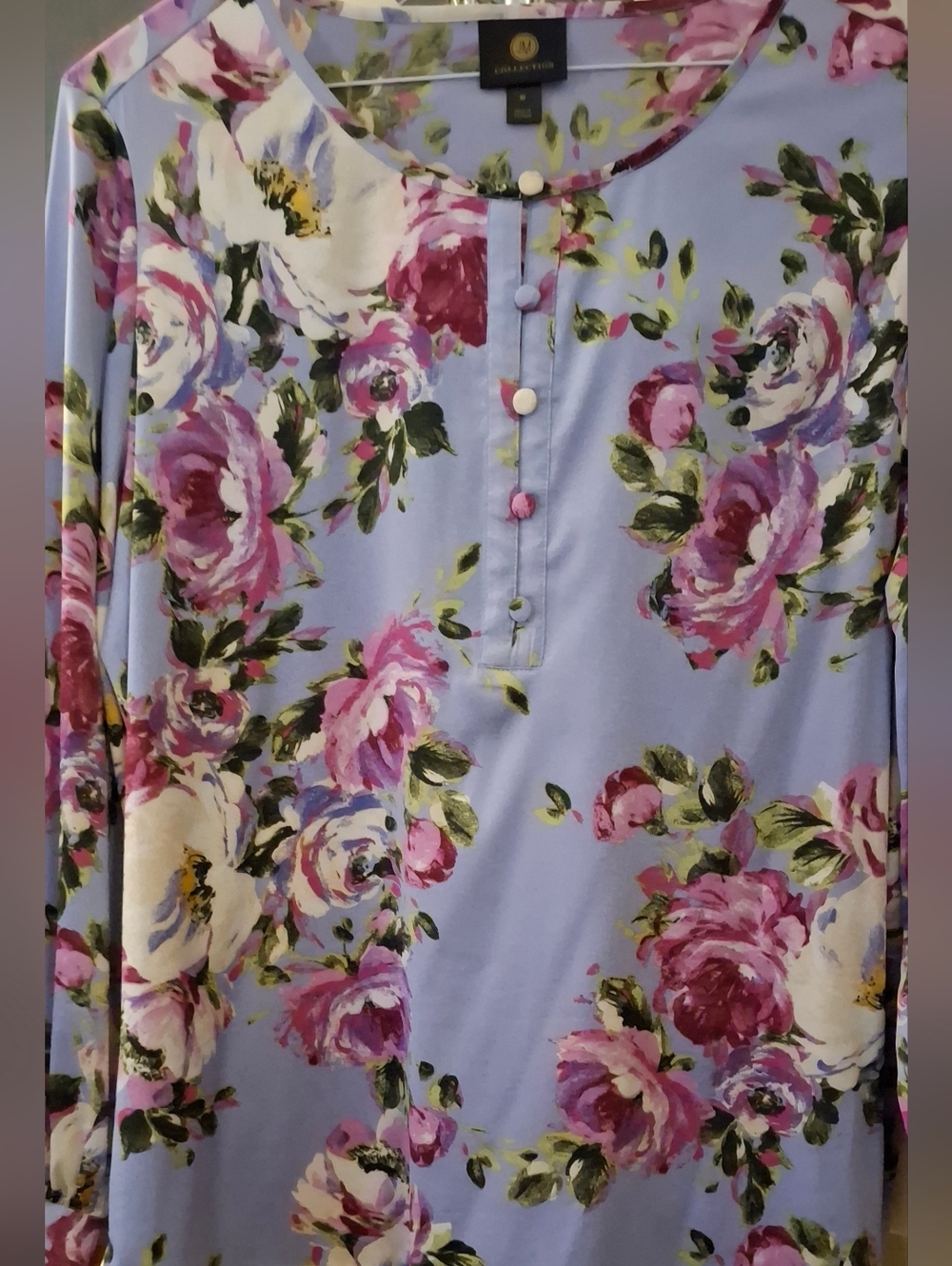 JM Collection Lavender Long Sleeve Floral Henley Blouse Sz MED. EUC